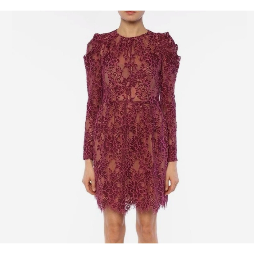 Michael Michael Kors Scalloped Corded Floral Lace Mini Dress Size 0 Burgundy